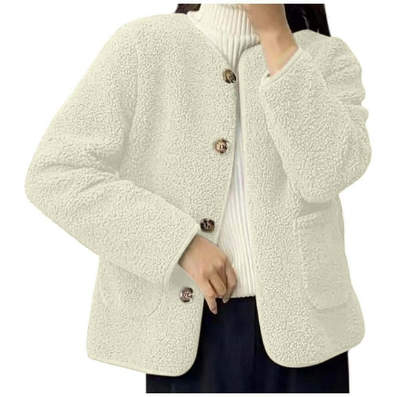 Hueook Flannel Jacket Women Jacket Women Women's Fashionable Round Neck Lambhair Loose Top Jacket White L