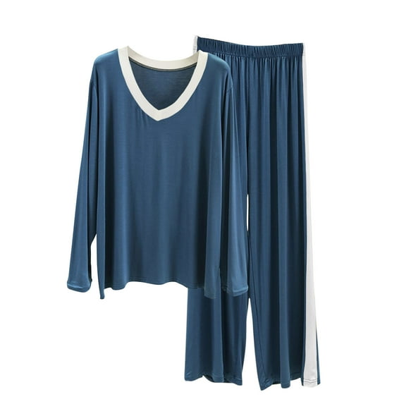 Hueook Flannel Pajamas for Women Set Bamboo Pajamas Modal Woman's Loose Solid Color and Winter Thick and Warm Pajamas Long Sleeves Pants Pajama Set Blue XL