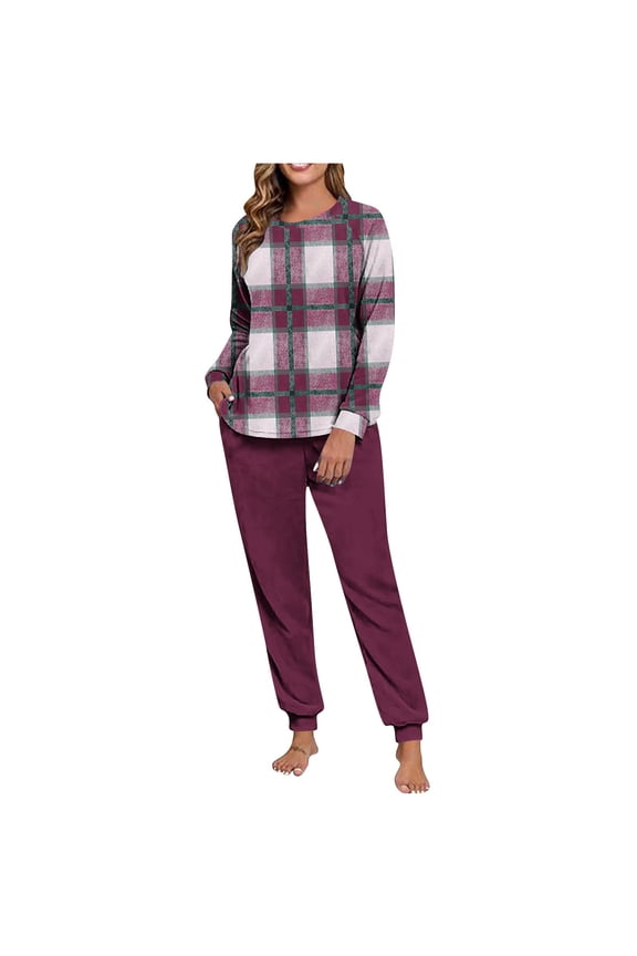 Flannel Pajamas Women Stripped Tops Women's Casual Winter Double-sided Fuzz with Printed Round Neck Pullover Long Sleeves Hand Tied Top Drawstring Pants Home Wear Pajamas Set Red L
