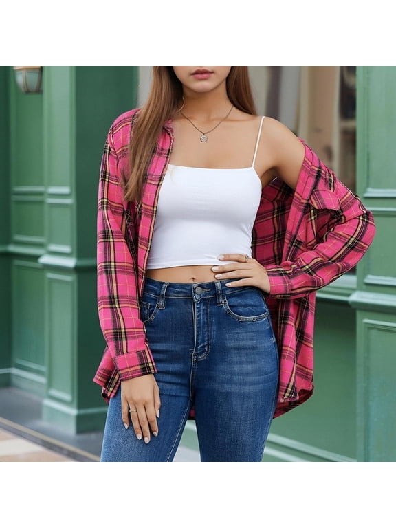 Flannel Shirt Women Button Down Tops Women's Plaid Button with Pocket Basic Top Jacket Hot Pink 2X