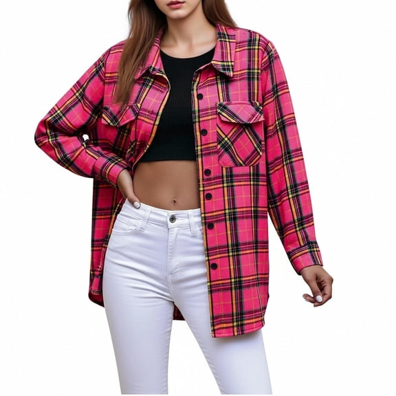 Hueook Flannel Shirt Women Button Down Tops Women's Plaid Button with Pocket Basic Top Jacket Hot Pink 2X