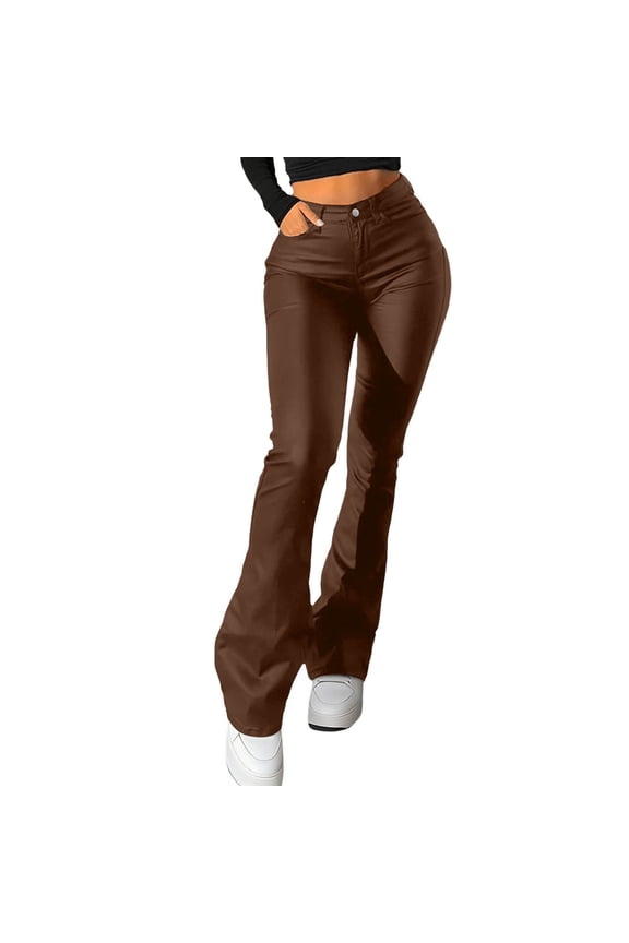Flare Bootcut Trouser Stretch Faux Leather Wide Leg Women's High Waisted Hip Lifting Leather Pants Elastic Pants Flared Trousers Brown 2X