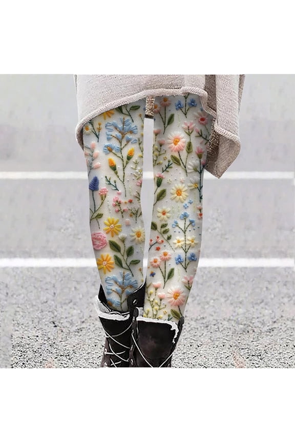 Flare Leggings for Women Women's Fashion Imitation Knitting Stereoscopic Flower Print Leggings with Yoga Sport Elastic Pants Multicolor 3X