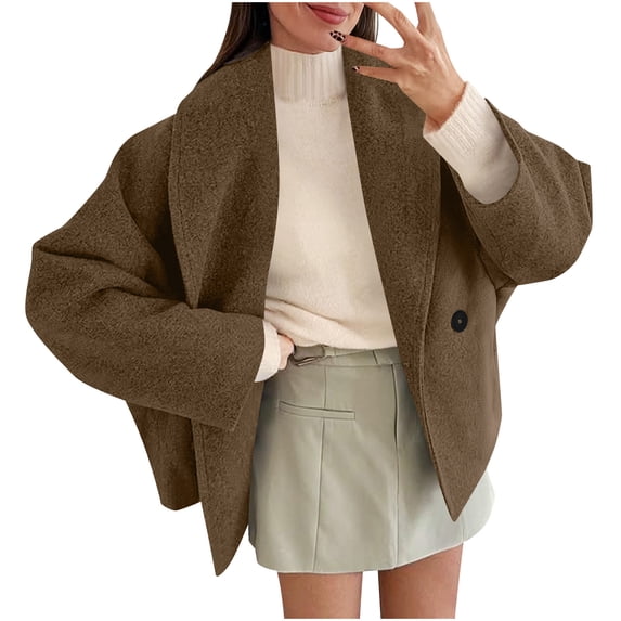 Hueook Fleece Jacket Women Cropped Pea Coats Oversized Short Jackets Lapel Double Breasted Fall Winter Outerwear Outfits Coffee S