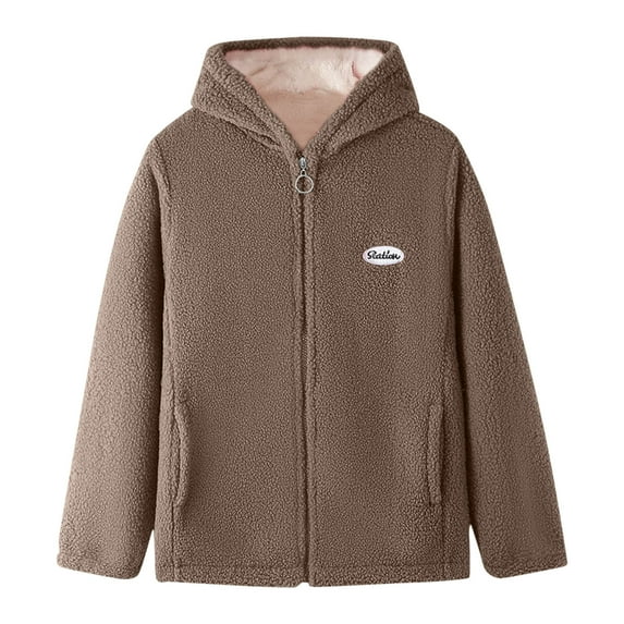 Hueook Fleece Jacket Women Fashion Solid Color Casual Zipper Stand Sports Fleece Long Sleeved Long Sleeve Hooded Casual Outwear Coffee 2X