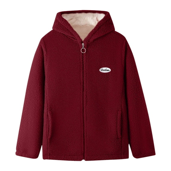 Hueook Fleece Jacket Women Fashion Solid Color Casual Zipper Stand Sports Fleece Long Sleeved Long Sleeve Hooded Casual Outwear Red 4X