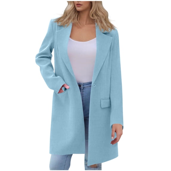 Hueook Fleece Jacket Women Fashion Solid Pocket Button Suit Coat Long Sleeve Casual Coat Light Blue 2X