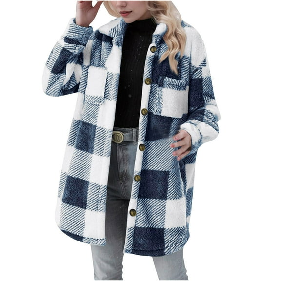 Hueook Fleece Jacket Women Lightweight Jacket Women Women's Long Sleeved Warm Button Jacket with Plaid Lapel and Pocket Top Blue XL