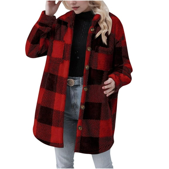 Hueook Fleece Jacket Women Lightweight Jacket Women Women's Long Sleeved Warm Button Jacket with Plaid Lapel and Pocket Top Red XL