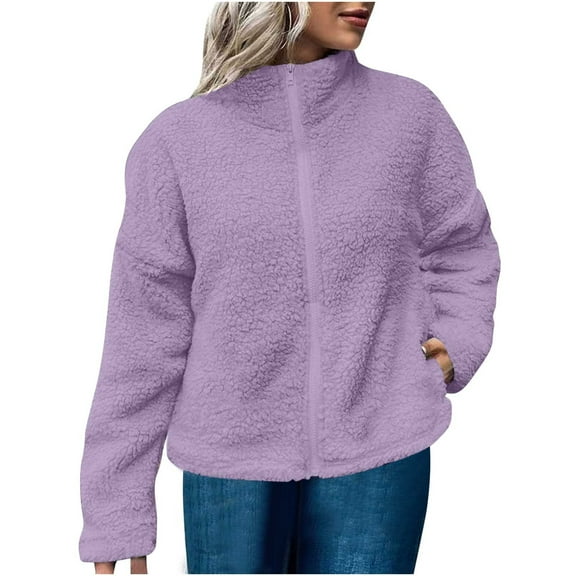 Hueook Fleece Jacket Women Lightweight Jacket Women Women's Solid Color Long Fleece Fleece Jacket Long Sleeved Cardigan Stand Up Collar Warm Jacket with Inner and Outer Pockets Purple M