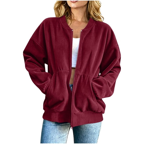 Hueook Fleece Jacket for Women Fuzzy Zip Up Oversized Sweatshirts Casual Corduroy Zipper Long Sleeve Loose Pocket Jacket Tops Coat Wine L