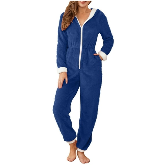 Hueook Fleece Pajamas Women Women Solid Color Long Sleeved Zipper Side Pocket Hooded Ankle Tied Home Suit Jumpsuit Pants Blue M