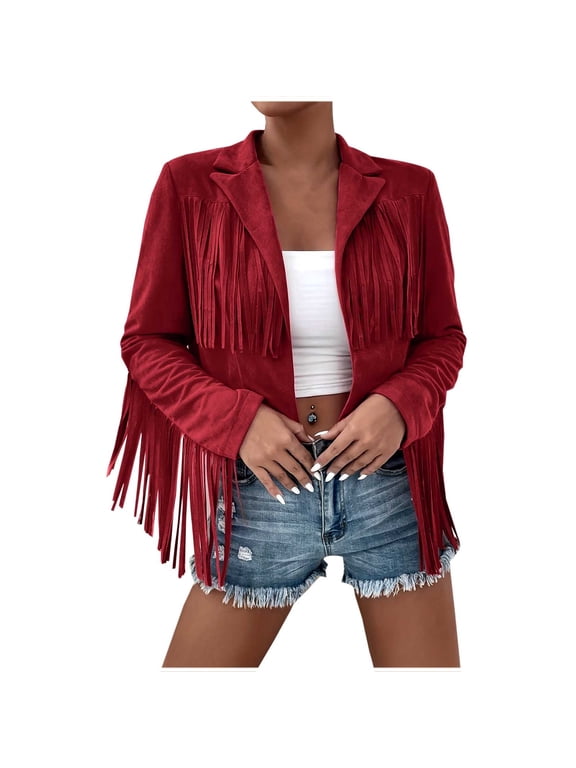 Fringe Cardigan Western Long Sleeve Boho Cardigan Knit Cardigan Sweater Women's Solid Color Tassel Long Sleeved Turndown Collar Hoodless Casual Outwear Wine L