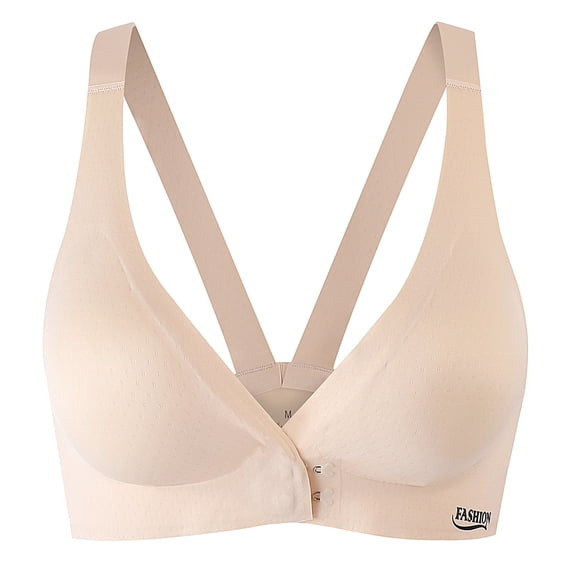 Hueook Front Closure Bras for Women Daily Leisure Front Buckle Thin Cup without Steel Ring Gathered Underwear Daily Bra Beige 2X