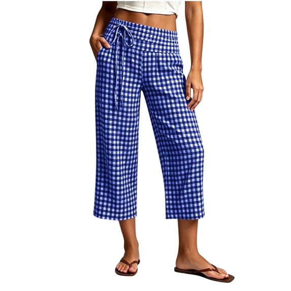 Hueook Gingham Pants Y2k Plaid Capris for Women Lounge Cotton Trendy Elastic Waist Casual Pocket Cropped Pants Blue XL