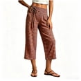 thumbnail image 1 of Hueook Gingham Pants Y2k Plaid Capris for Women Lounge Cotton Trendy Elastic Waist Casual Pocket Cropped Pants Brown L, 1 of 8