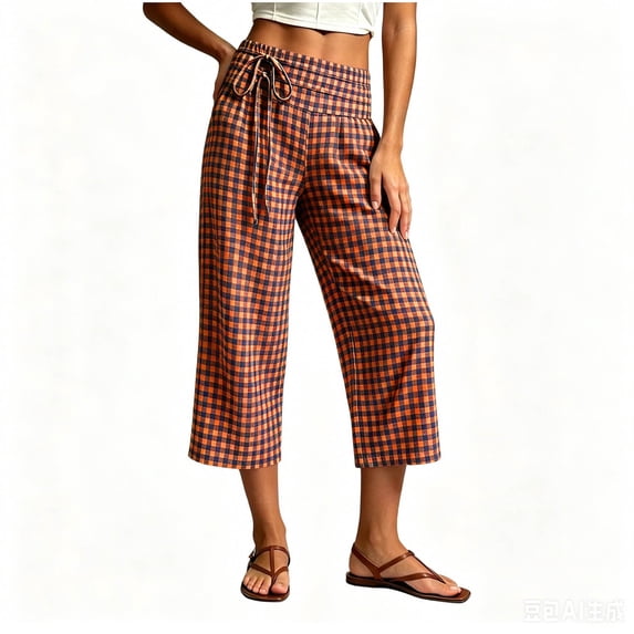 Hueook Gingham Pants Y2k Plaid Capris for Women Lounge Cotton Trendy Elastic Waist Casual Pocket Cropped Pants Brown L