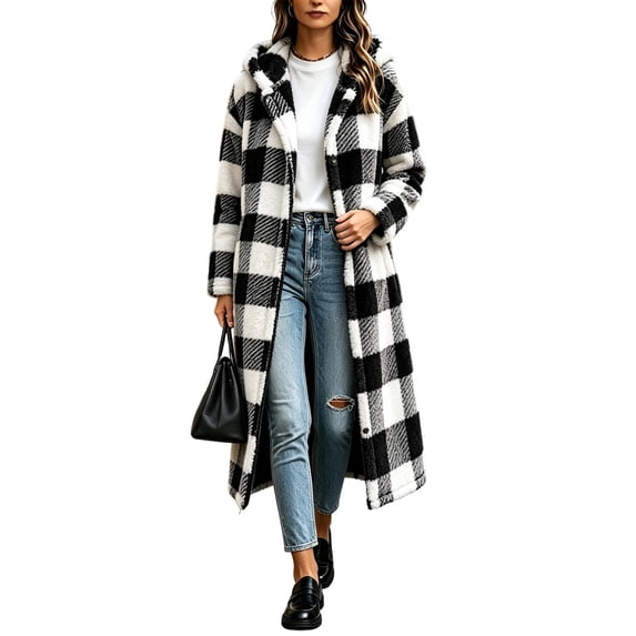 Hueook Gingham Shacket for Women Plaid Hooded Long Sleeve Button Up Casual Flannel Trench Coat Black 2X