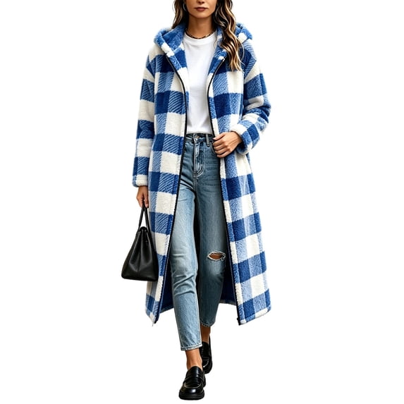 Hueook Gingham Shacket for Women Plaid Hooded Long Sleeve Button Up Casual Flannel Trench Coat Blue L