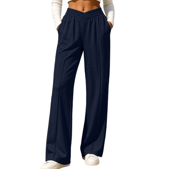 Hueook Golf Pants Women Cotton Casual Sporty Elastic Waistband Track Pants with Pockets Navy M
