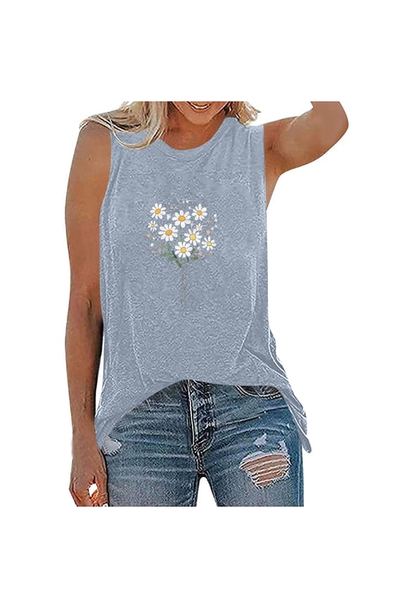 Graphic Tank Tops Woman Built In Bra Fashion Woman Round-Neck Sleeveless Printed Casual Summer Loose Tank Tops Gray L