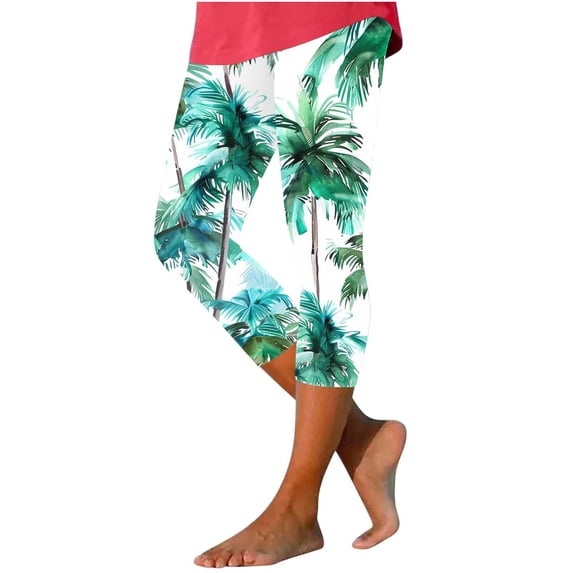 Hueook Hawaiian Capris Pants for Women Beach Pants Women's Summer High Waisted Printing Capris Matching Slim Fitting Yoga Gym Pants Multicolor XL
