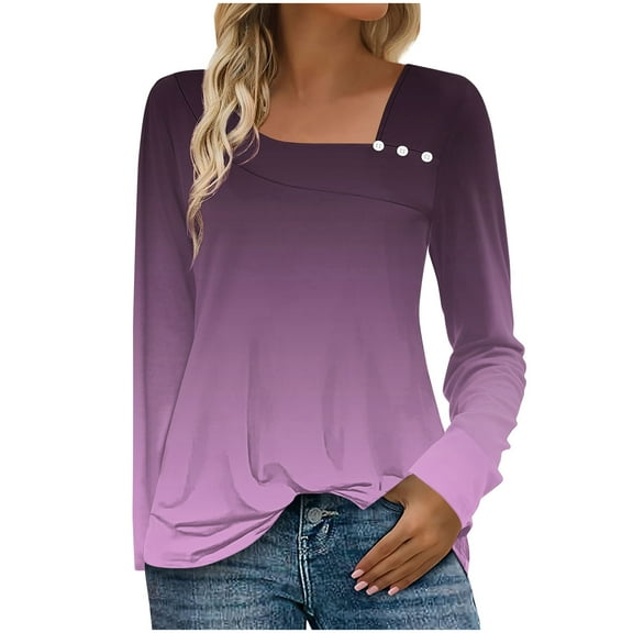 Hueook Hawaiian Shirts for Women Fashion Women's Casual Printed V-Neck Long Sleeve T-shirt Button Tops Purple 3X