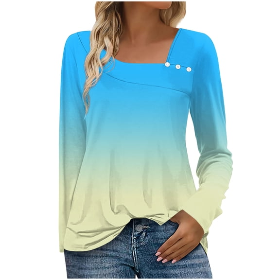 Hueook Hawaiian Shirts for Women Fashion Women's Casual Printed V-Neck Long Sleeve T-shirt Button Tops Sky Blue M