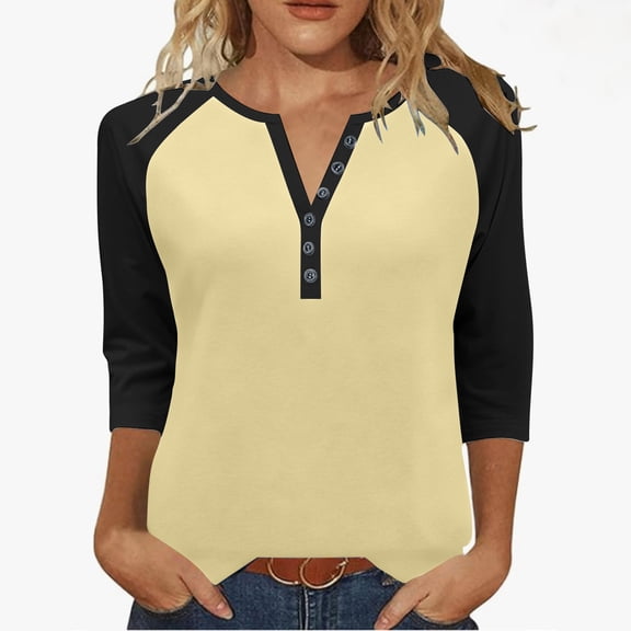 Hueook Henley Shirt Color Block Raglan Vintage Baseball Tee Layering Tops Women's Button V-neck Three Quarter Sleeve 3/4 Sleeve Raglan T-shirt Loose Top Yellow 3X