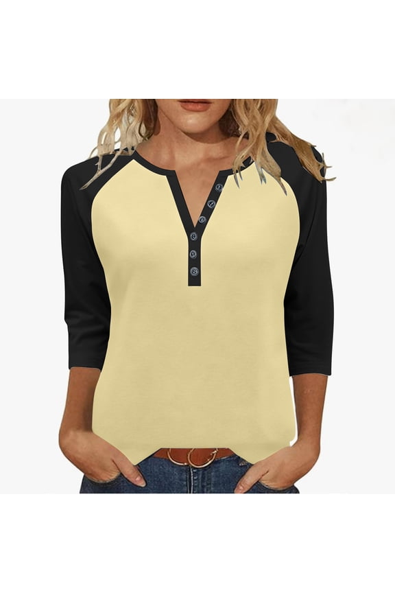 Henley Shirt Color Block Raglan Vintage Baseball Tee Layering Tops Women's Button V-neck Three Quarter Sleeve 3/4 Sleeve Raglan T-shirt Loose Top Yellow M