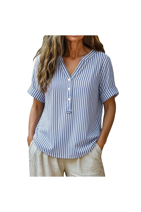Henley Tshirts Strip Tops Plus Size Fashion Women's Casual Comfortable Striped Printing Short Sleeve V-Neck Summer Blouse Sky Blue 5X