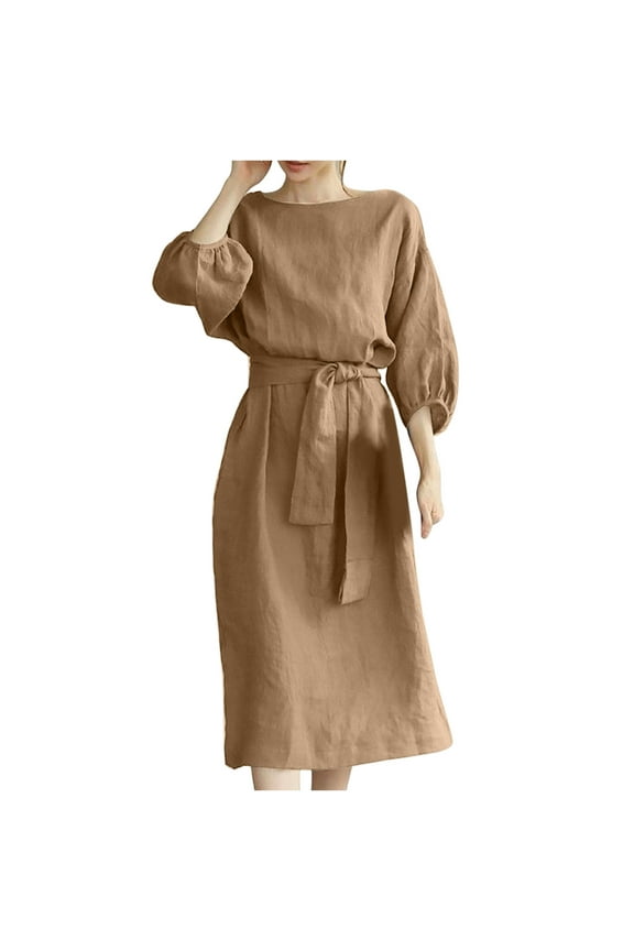 Hoco Dresses Women's Fashion Round Neck Loose Short Sleeve Solid Mid-Calf Dress Long Dress Khaki 2X