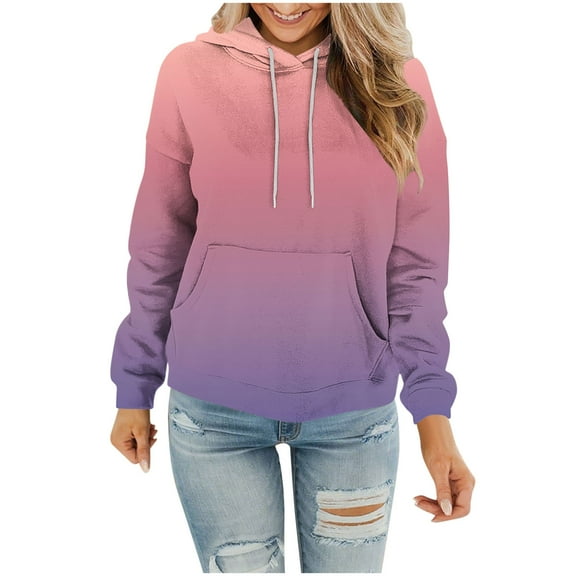 Hueook Hoodies for Women Fashionable Casual Gradient Color Pocket Long Sleeved Casual Hooded Sweatshirt Top Pink S