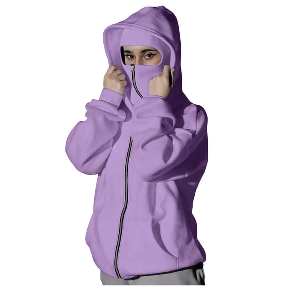Hueook Hoodies for Women's Balaclava Hoodie Zip Up Jacket Double Hooded Sweatshirt Hoodie with Mask Wind Coat Purple S