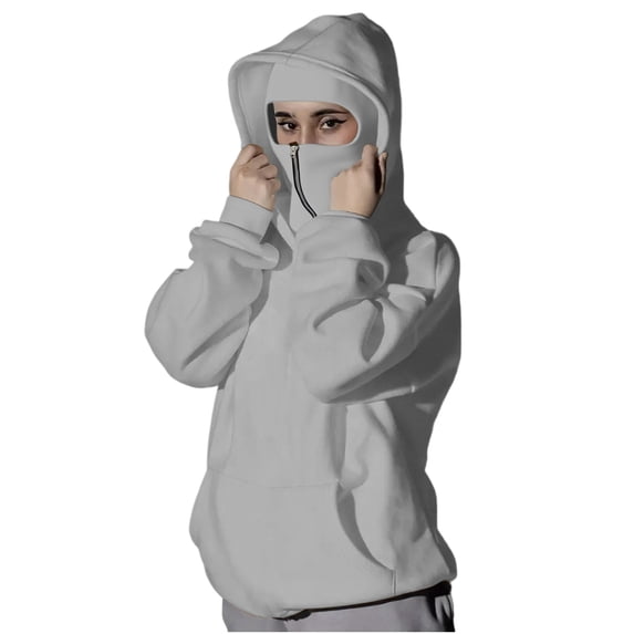 Hueook Hoodies for Women's Balaclava Hoodie Zip Up Jacket Double Hooded Sweatshirt Hoodie with Mask Wind Gray XL