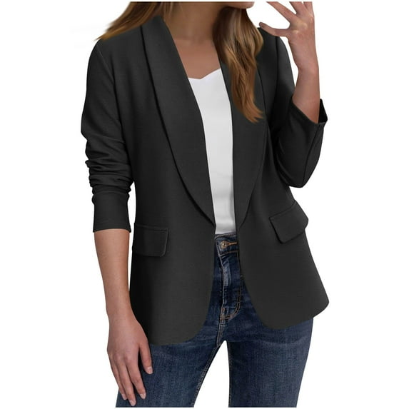 Hueook Jacket Blazers for Women Solid Color Casual Fashion Long-sleeved Cardigan Jacket Coat Top Black M