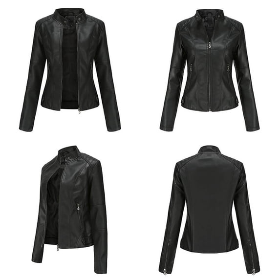 Hueook Jacket for Women Faux Leather Stand Collar Zip Up Long Sleeve Casual Biker Coat Black S