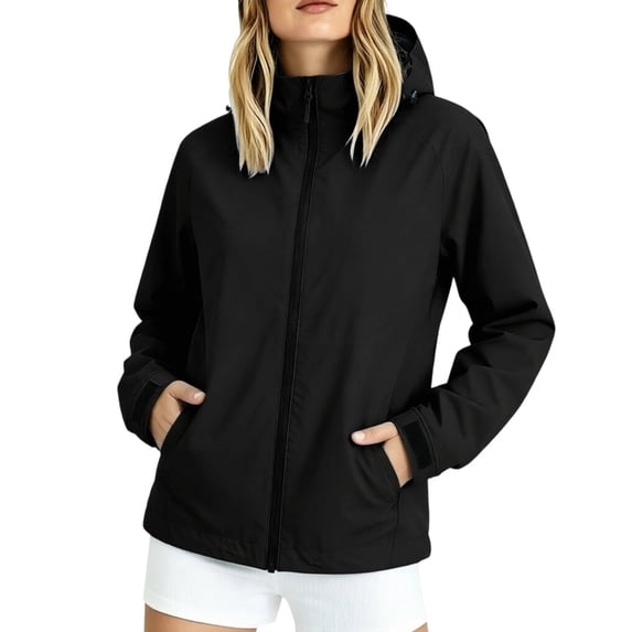Hueook Jacket for Women Hooded Long Sleeve Zip Up Casual Coat with Pockets and Belt Black L