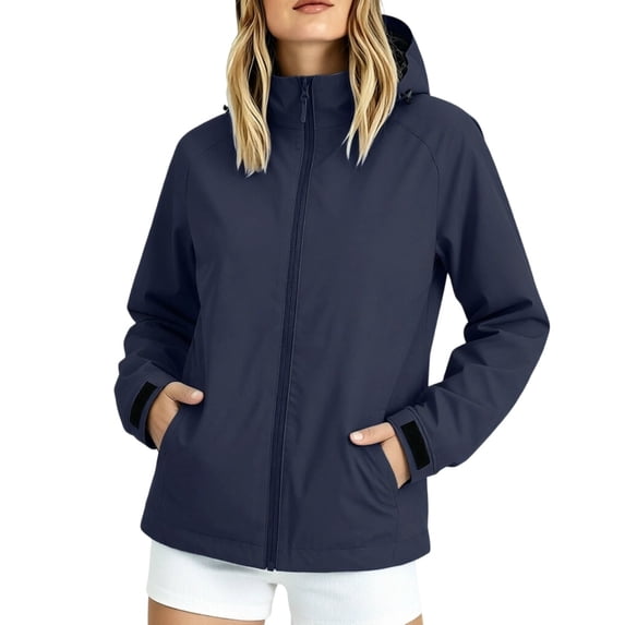 Hueook Jacket for Women Hooded Long Sleeve Zip Up Casual Coat with Pockets and Belt Navy 3X