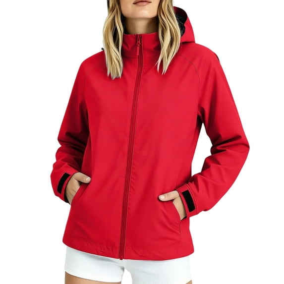 Hueook Jacket for Women Hooded Long Sleeve Zip Up Casual Coat with Pockets and Belt Red 2X