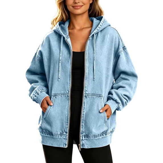 Hueook Jacket for Women Hooded Zip Up Long Sleeve Loose Fit Casual Coat with Pockets Light Blue XL