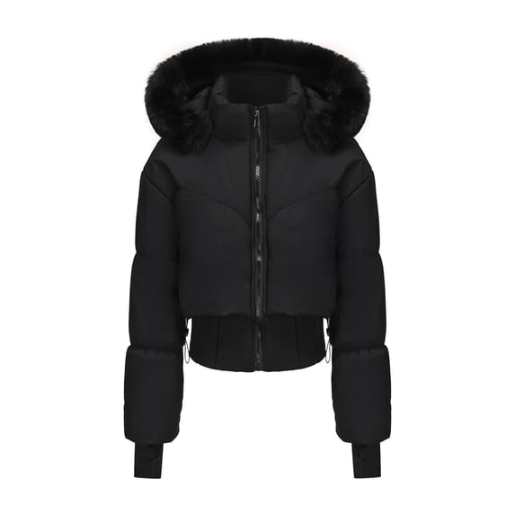 Hueook Jackets for Women Bomber Jacket Cropped Jacket Women's Solid Color Thumb Hole Jacket Long Sleeved Hooded Short Zipper Parkas Black M