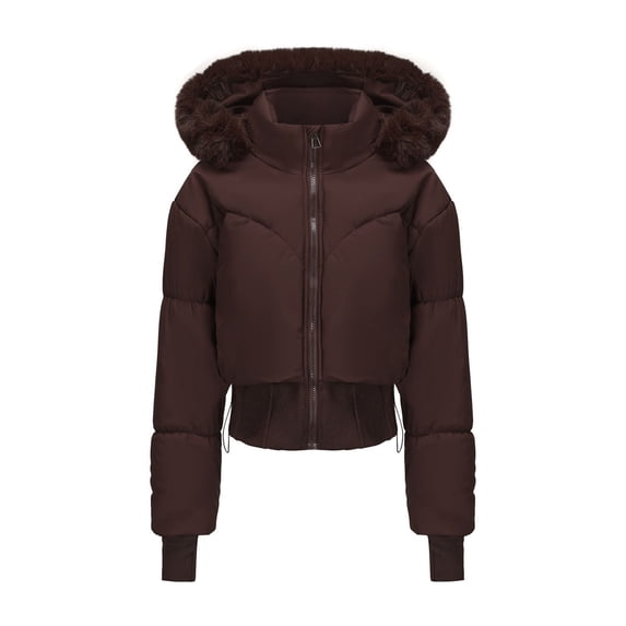 Hueook Jackets for Women Bomber Jacket Cropped Jacket Women's Solid Color Thumb Hole Jacket Long Sleeved Hooded Short Zipper Parkas Brown 2X