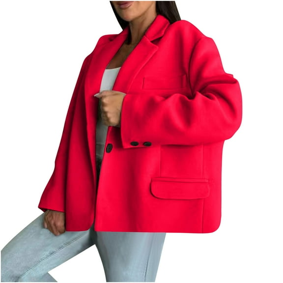 Hueook Jackets for Women Light Jackets for Women Women's Solid Color Long Sleeved Lapel Cardigan Top Jacket Red L