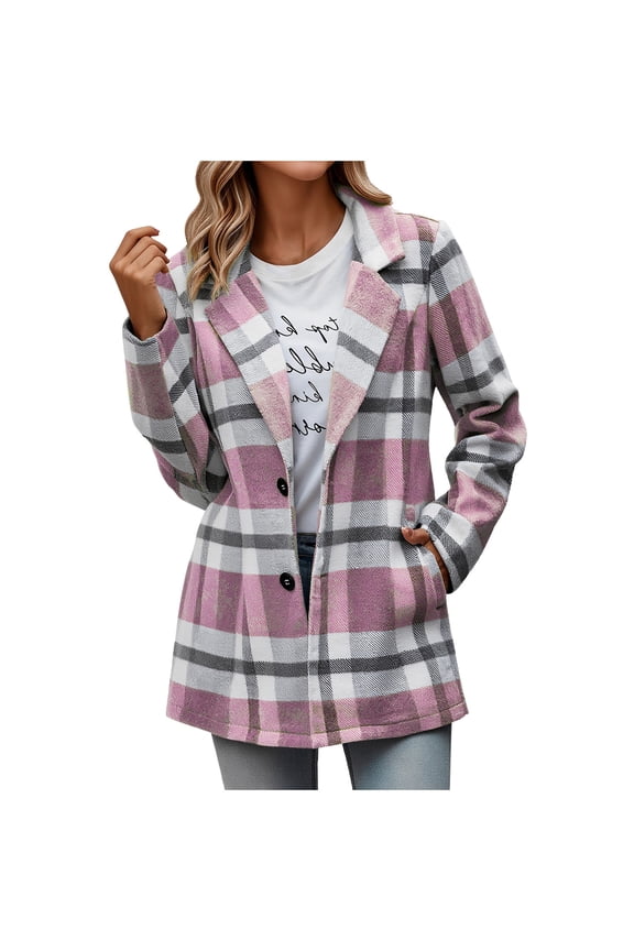 Jackets for Women Plaid Shacket Jacket Trendy Fall Casual Button Wool Tartan Trench Coat Tops with Pockets Pink L