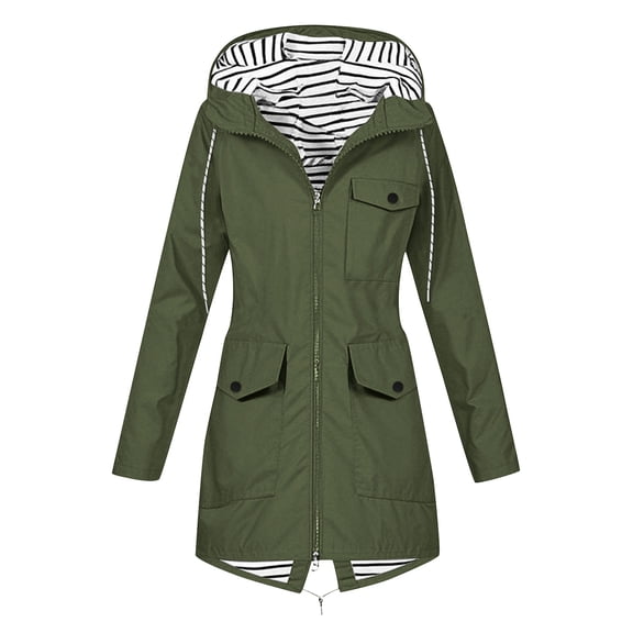 Hueook Jackets for Women Solid Color Rain Jacket Outdoor Hooded Windproof Loose with Pocket Coat Army Green 3X