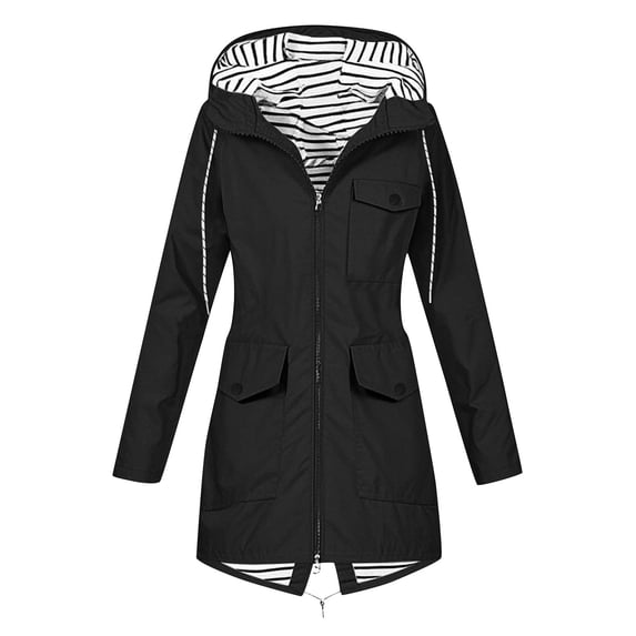 Hueook Jackets for Women Solid Color Rain Jacket Outdoor Hooded Windproof Loose with Pocket Coat Black S