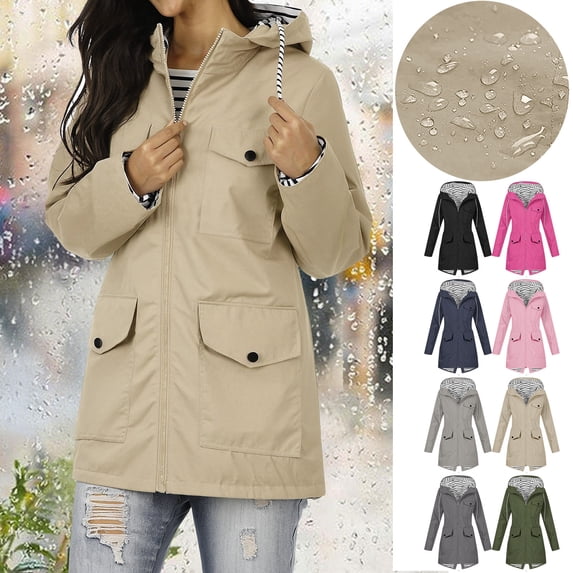 Hueook Jackets for Women Solid Color Rain Jacket Outdoor Hooded Windproof Loose with Pocket Coat Pink 3X