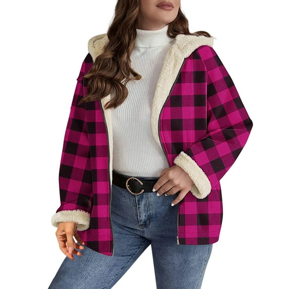 Hueook Jackets for Women Trendy Fashion Women Oversized Zip Solid Casual Plaid Coat Long Sleeve Hooded Casual Outwear Jackets Tops Hot Pink L