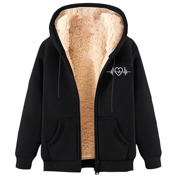Hueook Jackets for Women Trendy Women's Fashionable Printed Fleece Hooded Sweatshirt Jacket Black XL